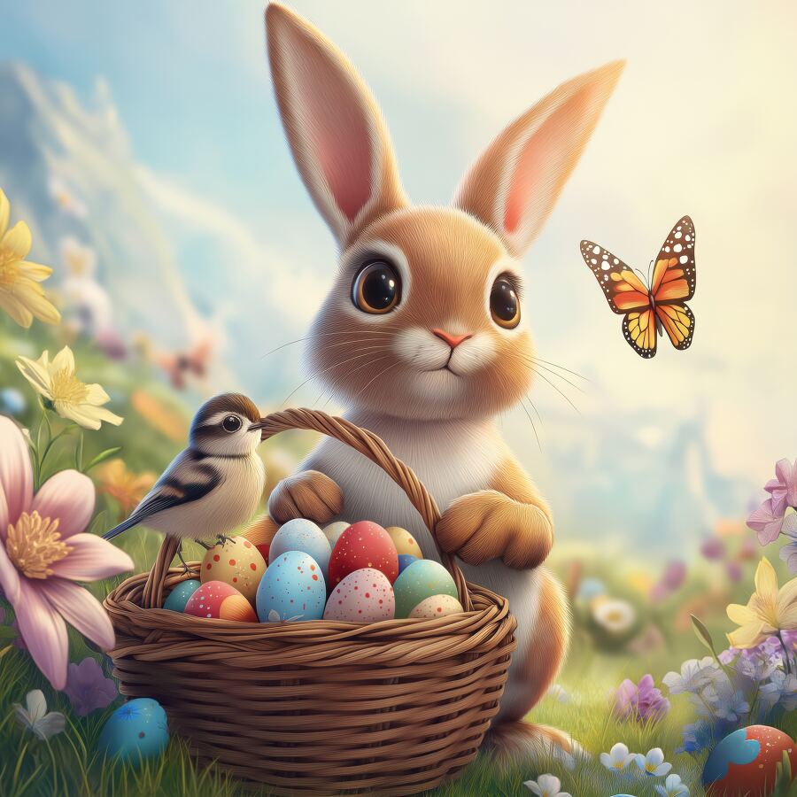 A cheerful bunny holds a basket filled with colorful eggs while a little bird watches nearby