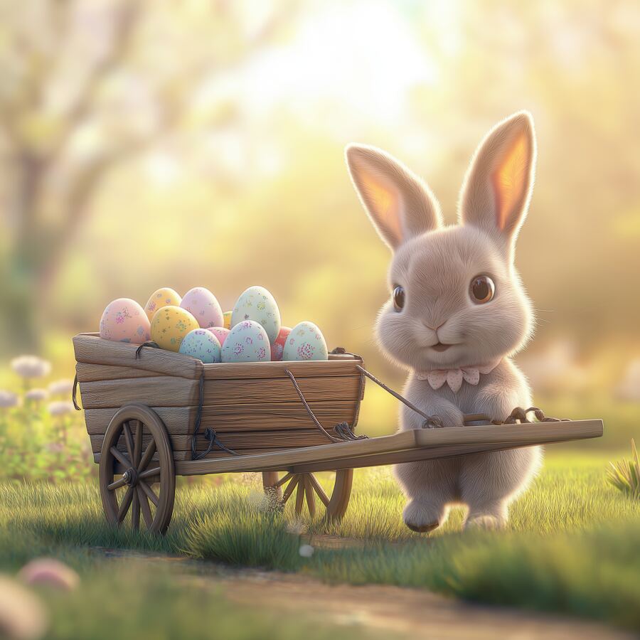 A cheerful bunny pulls a wagon filled with colorful eggs across a blooming meadow