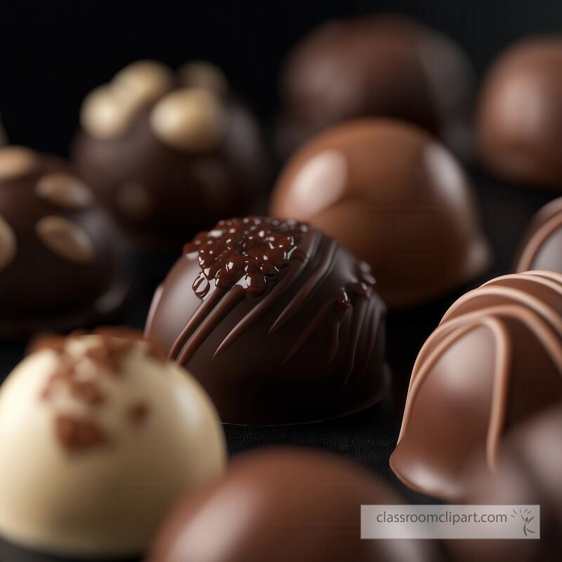 A variety of beautifully crafted chocolate balls are artistically displayed against a dark background Each piece exhibits unique designs and textures showcasing rich flavors