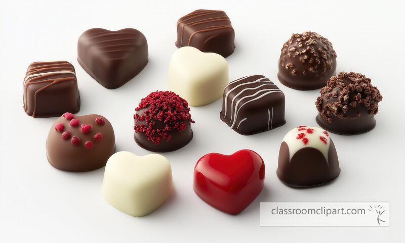 A lovely collection of various heart shaped chocolates arranged together showcasing different flavors and decorations perfect for romantic occasions like Valentines Day