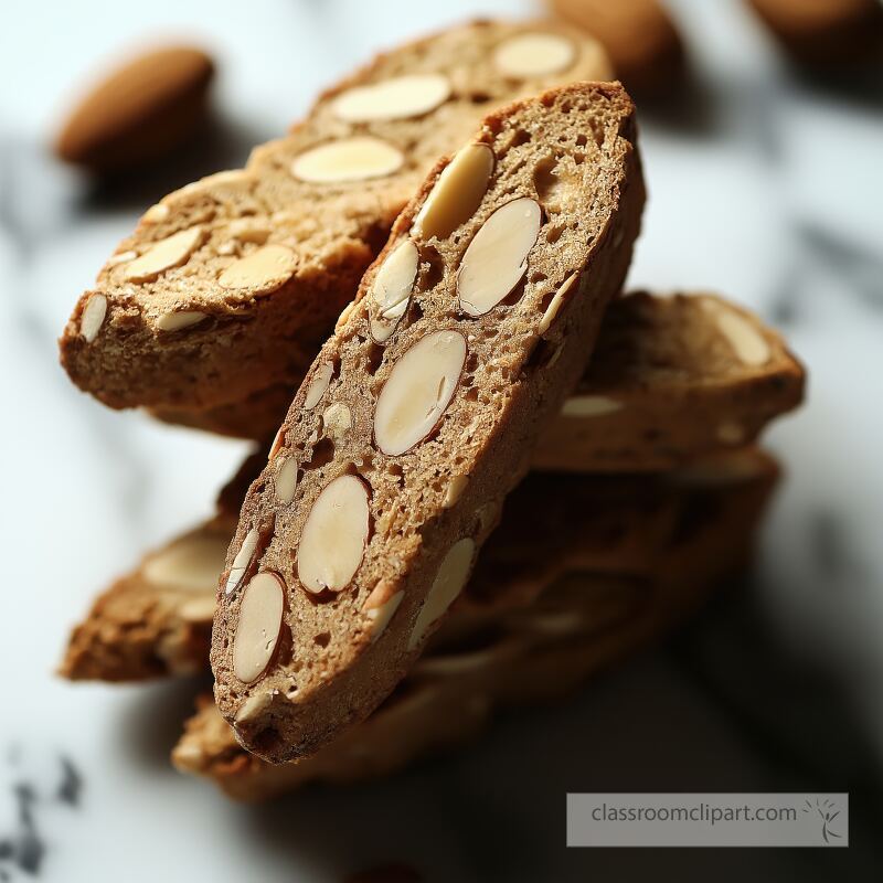 A tempting display of freshly baked biscotti featuring whole almonds elegantly stacked on a marble surface Perfect for enjoying with coffee or tea any time of day