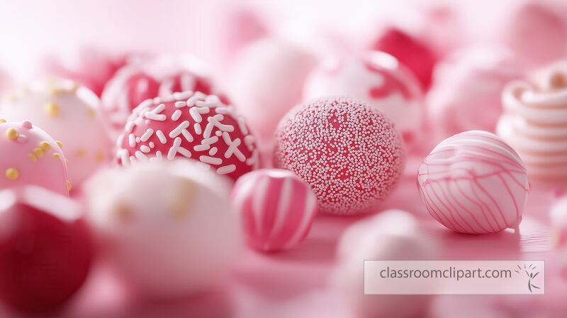 Colorful candy balls in shades of pink and red are arranged attractively on a soft surface Each piece features unique textures and patterns creating an enticing visual display of sweets