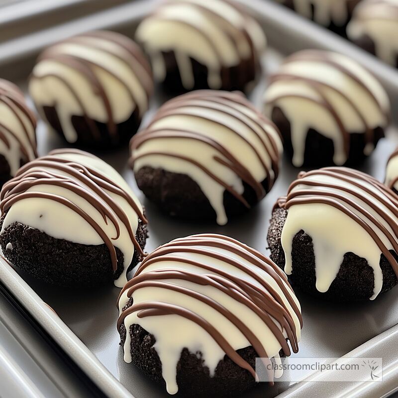 An array of round chocolate pastries sits on a baking tray Each treat is generously coated with white cream and decorated with fine chocolate drizzles They look tempting and inviting