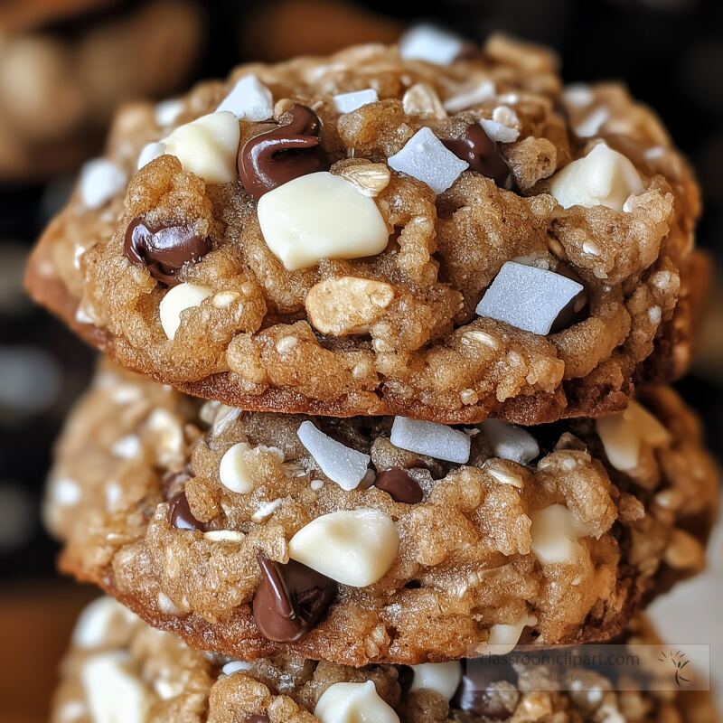 Stacked cookies made with chocolate chips white chocolate and oats sit on a warm wooden surface showcasing a delightful homemade treat perfect for sharing or enjoying alone