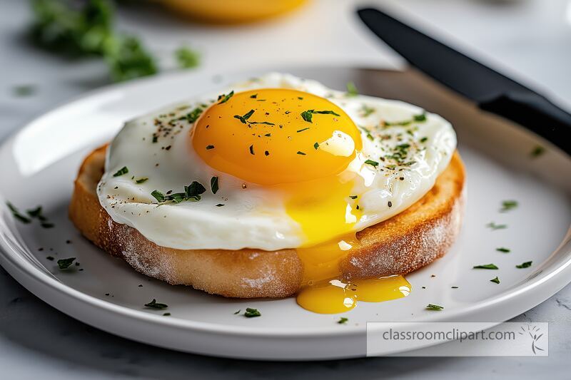 A perfectly cooked sunny side up egg sits atop a slice of toasted bread with vibrant yellow yolk spilling out Fresh herbs add flavor and a burst of color to the dish