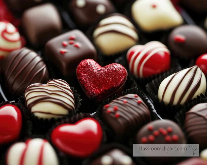 A tempting assortment of chocolates in various shapes and designs arranged beautifully Red and white colors dominate featuring heart shaped candies perfect for Valentines Day celebrations