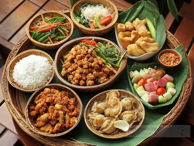 A vibrant spread of Thai cuisine showcases an array of colorful dishes, including rice, vegetables, and expertly prepared proteins, inviting a feast for the senses.