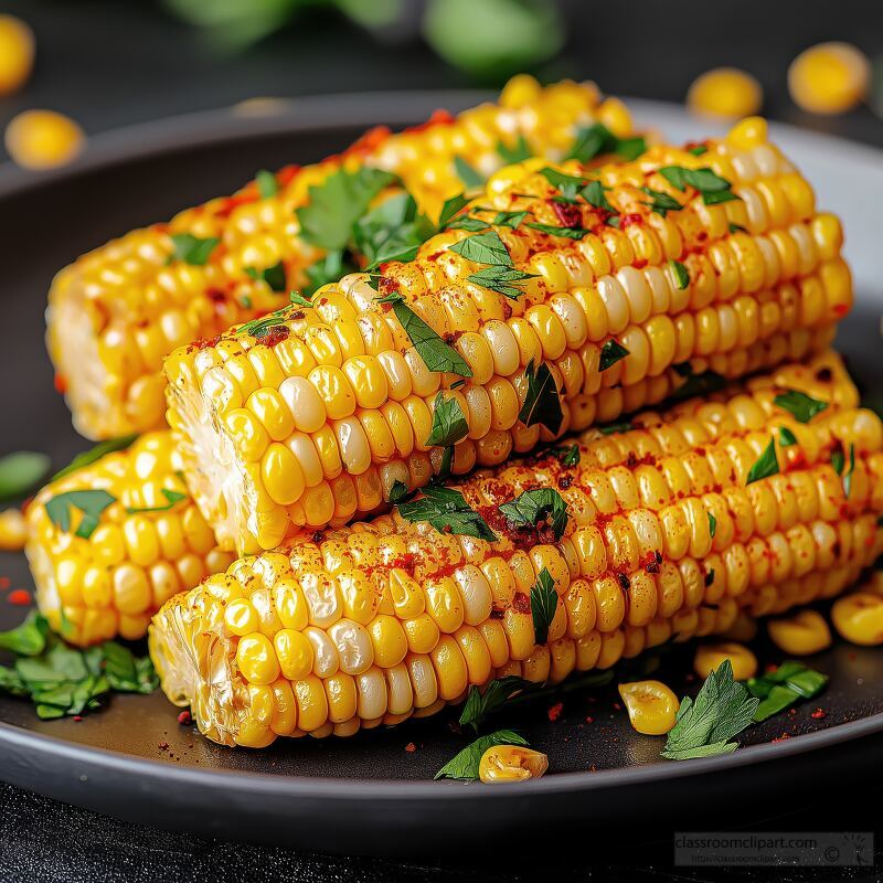 Three pieces of baked corn golden and glistening are artistically plated and garnished with fresh herbs. This dish highlights vibrant colors and mouthwatering textures perfect for any gathering.