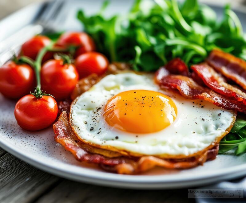 Close up view of a hearty breakfast with a sunny side up egg crispy bacon fresh cherry tomatoes and vibrant salad greens. Perfect for a rustic brunch setting.