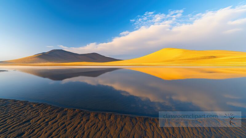 After the first autumn rain, the desert lake transforms into a magical landscape at dusk. Mist envelops the water, reflecting warm tones and vibrant colors, creating an awe inspiring view.