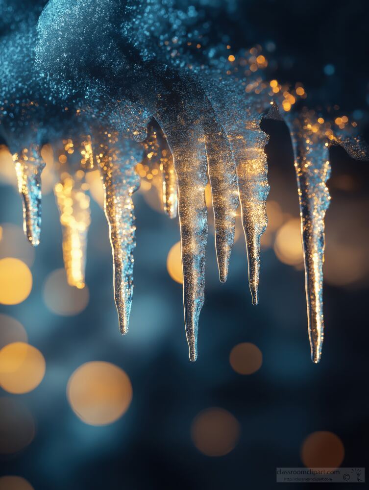 Icicles hang delicately from a snow covered ledge, illuminated by soft, warm lights in the background. This enchanting winter scene captures the beauty of the season at dusk.