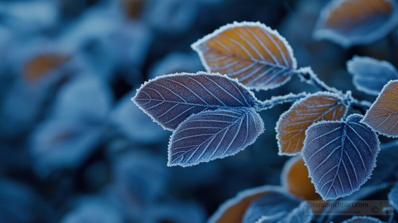 Frost covers vibrant autumn leaves showcasing a blend of blue and golden hues. This enchanting view captures the essence of early autumn during a quiet polar night.