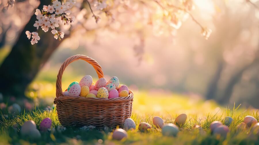 Colorful Easter basket filled with eggs rests beneath a blooming cherry tree on a sunny day