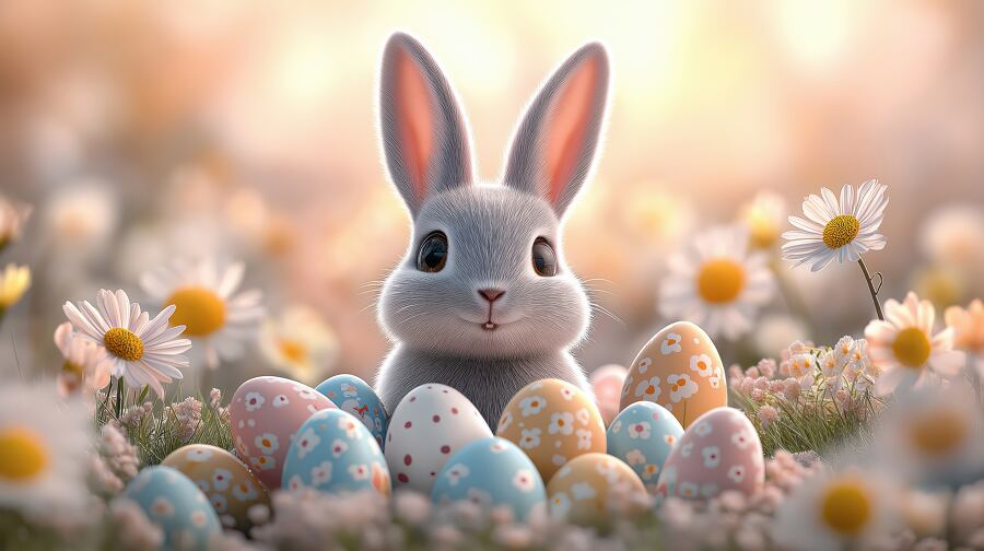 A cute rabbit sits among vibrant eggs and spring flowers creating a joyful Easter vibe