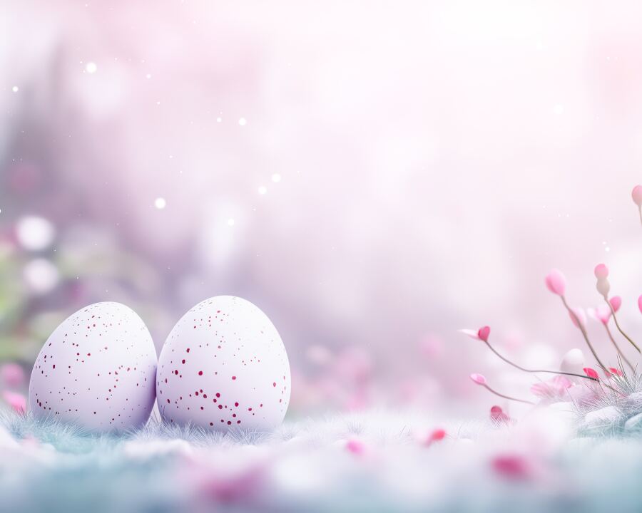 Two speckled eggs are placed gently on a textured surface with a dreamy pastel backdrop