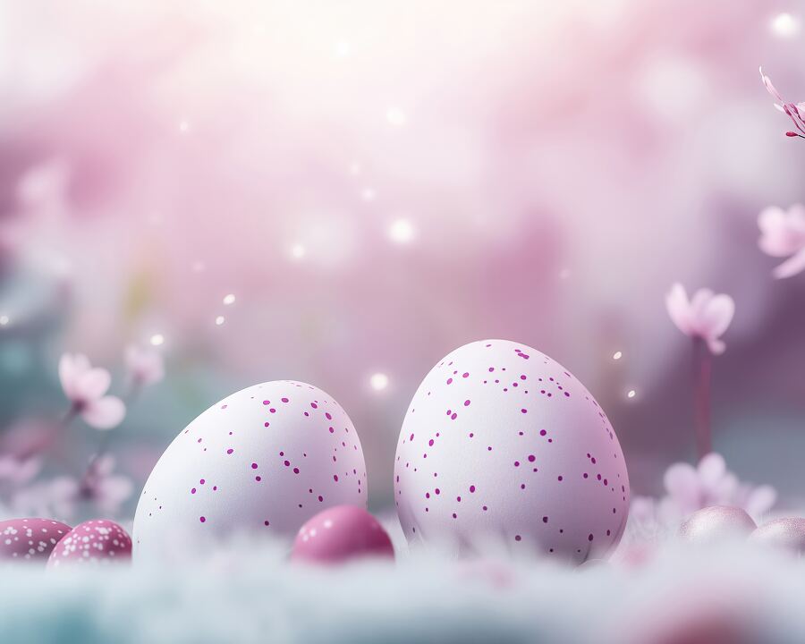 Delicate Easter eggs surrounded by soft flowers and ambient light create a serene atmosphere