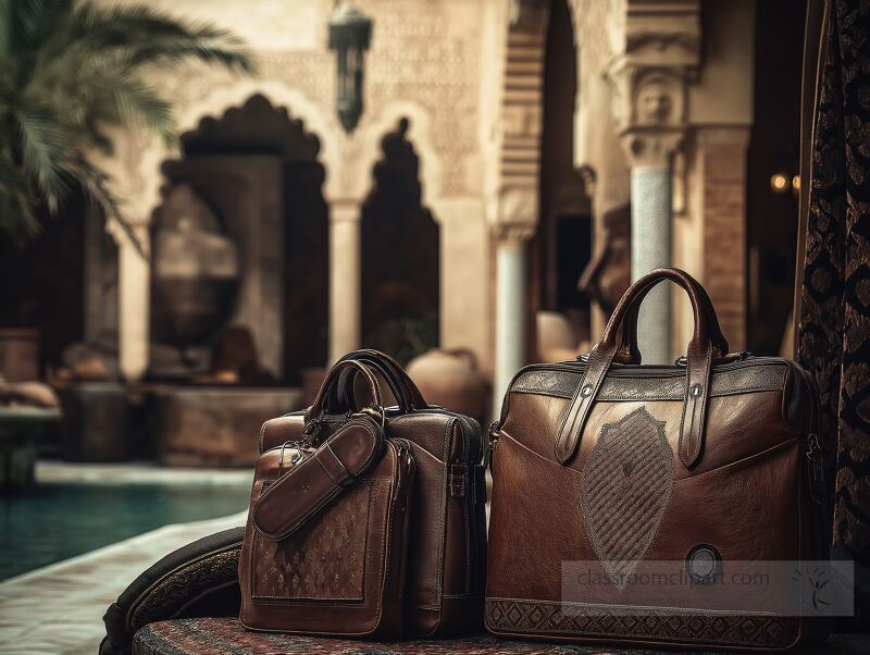 Luxurious moroccan leather bags showcase intricate rococo style, beautifully arranged near a tranquil pool in a charming Egyptian oasis, surrounded by lush greenery and architectural elegance.