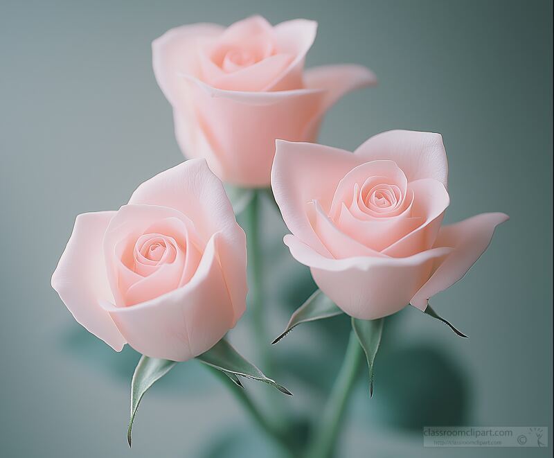 Three pink roses showcase delicate petals in full bloom. Soft light brings out their beauty against a dreamy gray background. A macro view highlights their intricate details.