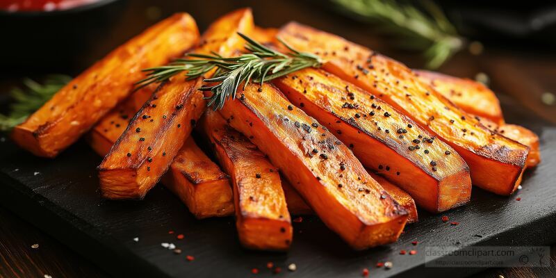 Deliciously crafted sweet potato fries served on a sleek black board beautifully garnished with rosemary and sprinkled with pepper for an exquisite dining experience.