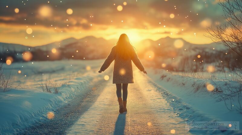 A woman walks along a snow covered road surrounded by mountains. The sunset casts a warm glow symbolizing hope and new beginnings as she prepares for the future.