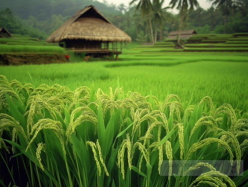 Golden rice sways gently in the breeze as a rustic hut nestles amidst vibrant green terraces. This serene landscape embodies the essence of self reliance and natural beauty.