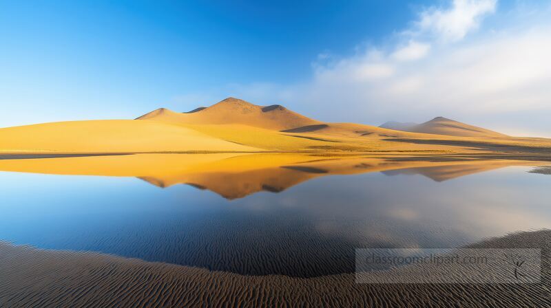 After the first autumn rain, a desert lake mirrors the lush landscape at dusk, creating a fairyland ambiance filled with mist and warm colors, showcasing natures poetic beauty.