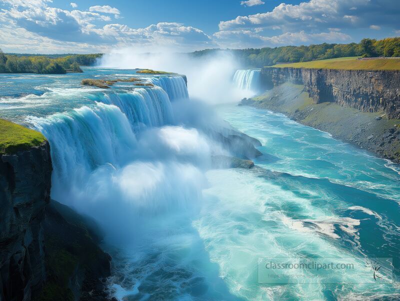 Majestic waterfalls cascade into vibrant turquoise waters, surrounded by lush greenery. The sun shines brightly in a clear blue sky, creating a breathtaking ambiance at Niagara Falls.