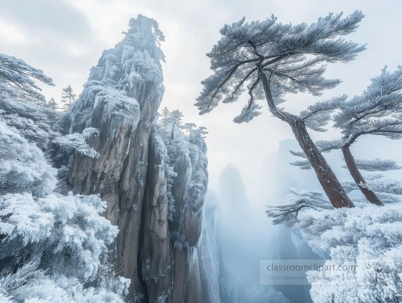 Snow covered trees create a magical winter landscape, their branches heavy with frost. Mist envelops the scene, enhancing the serene beauty of the cold atmosphere.