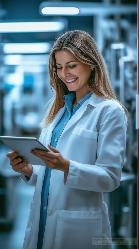 A smiling female engineer in a white lab coat examines data on her tablet surrounded by advanced machinery in a modern factory. Her enthusiasm reflects her passion for technology.