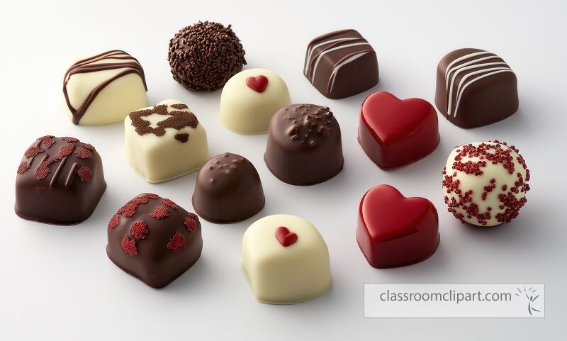 A delightful assortment of chocolates on a simple background featuring heart shaped selections perfect for celebrating love These treats are ideal for Valentines Day gifting