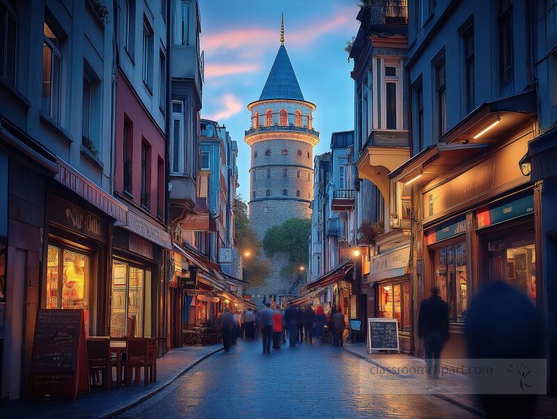 Strolling through the charming streets of Istanbul, the iconic Galata Tower stands tall amidst vibrant shops and cafes, illuminated by the soft hues of blue and purple twilight.