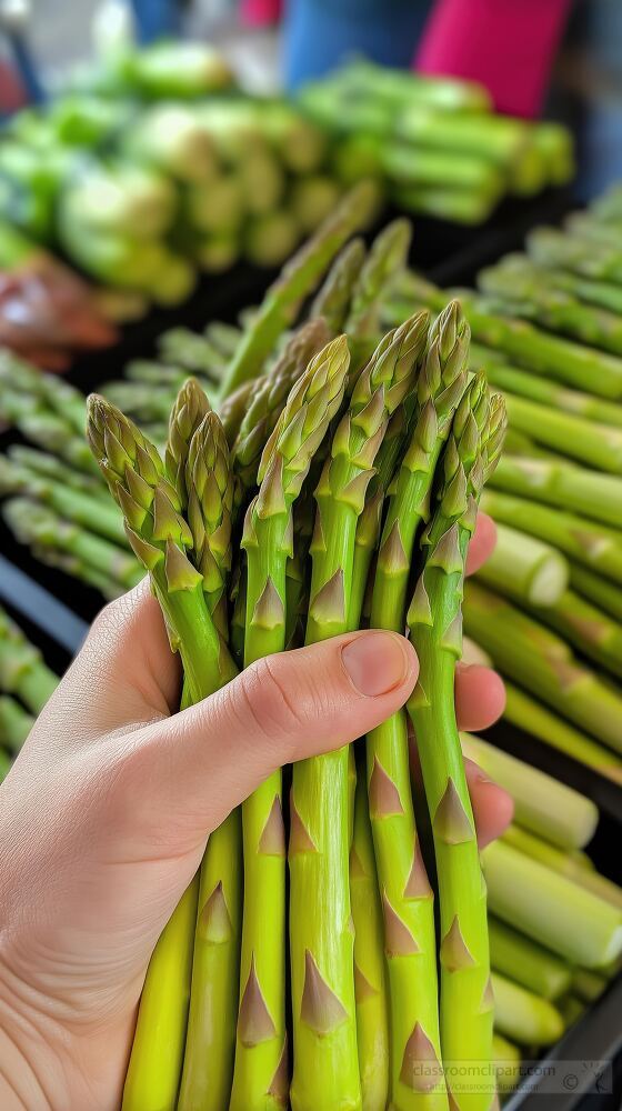 Delight in the vibrant colors of freshly harvested asparagus held in hand at a lively pop up market. Local farmers showcase their organic produce inviting everyone to taste the season.