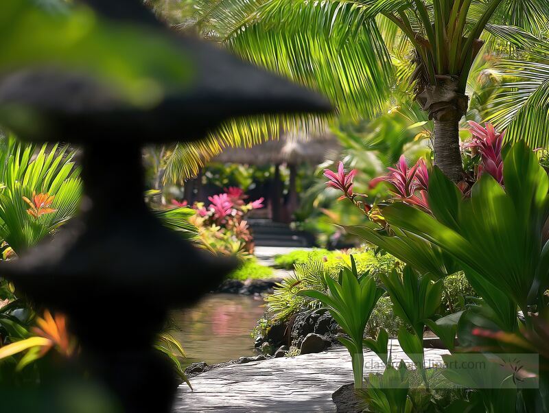 Lush greenery envelops a winding path adorned with vibrant tropical plants, leading towards a serene retreat in Bali, where nature and tranquility harmonize beautifully.