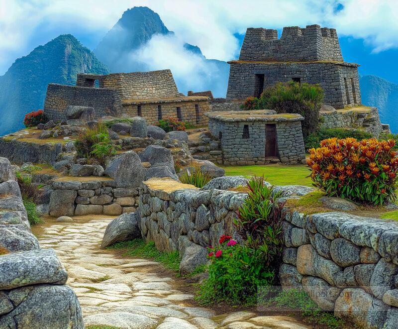 Discover the ancient Inca ruins of Machu Picchu nestled in the Andes Lush vegetation and stunning mountain vistas create a breathtaking backdrop for exploring history and architecture