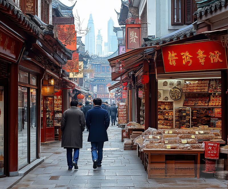 Two people stroll hand in hand along a bustling street filled with shops in old town Shanghai Traditional architecture blends with modern cityscape in the background