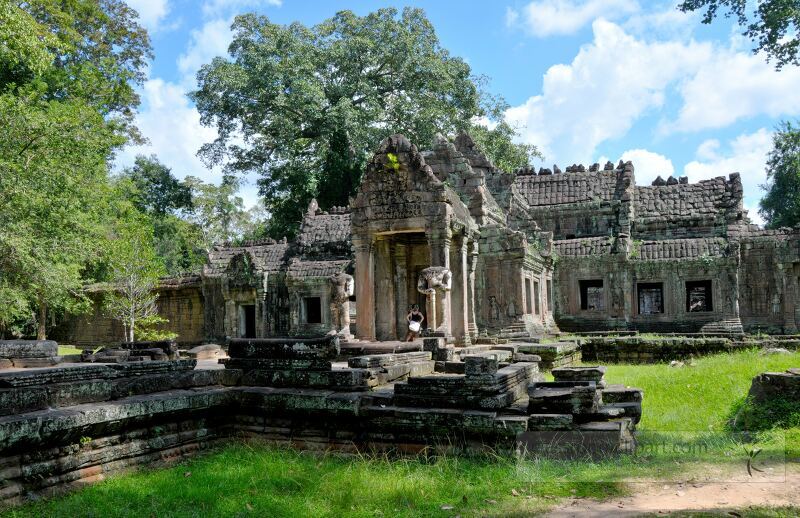 Stroll through the lush greenery surrounding the ancient temple complex of Siem Reap Angkor Wat in Cambodia where intricate stonework and towering trees create a serene atmosphere under a bright blue sky.