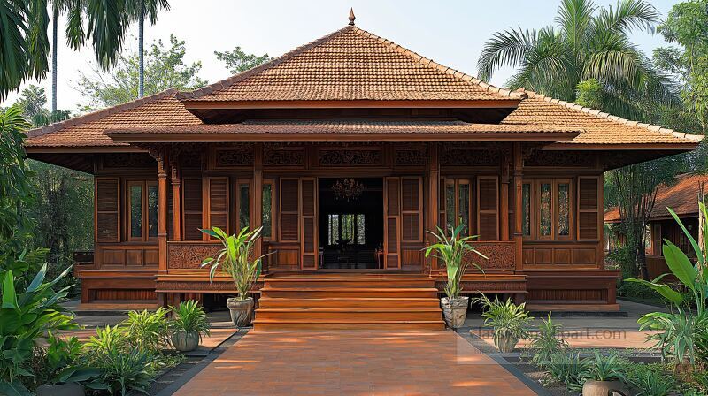 This traditional Betawi house showcases a large wooden porch and intricate carvings. Surrounded by tropical plants and palm trees, it reflects the rich culture of Indonesias Betawi people.