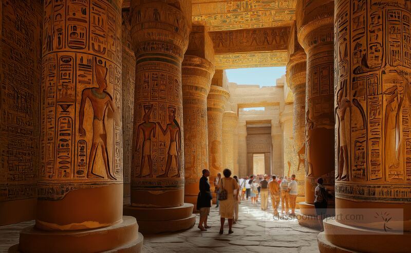 Visitors wander through the impressive hypostyle hall at Karnak Temple in Luxor surrounded by towering sandstone columns adorned with ancient hieroglyphs and symbols