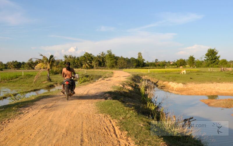 A local rider navigates a dusty path in the serene countryside of Siem Reap Cambodia. Lush green fields and a calm river create a picturesque setting during the golden hour highlighting rural life.