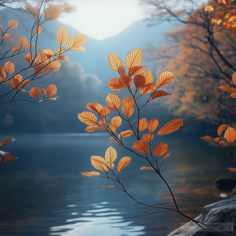 Autumn leaves in shades of orange and gold frame a peaceful river at sunset. The warm glow of the setting sun casts reflections on the water