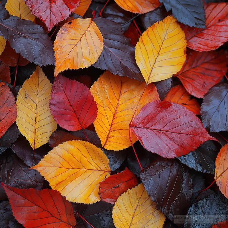 Colorful leaves in shades of red orange and yellow cover the ground during autumn. The fallen foliage creates a beautiful natural carpet showing the season