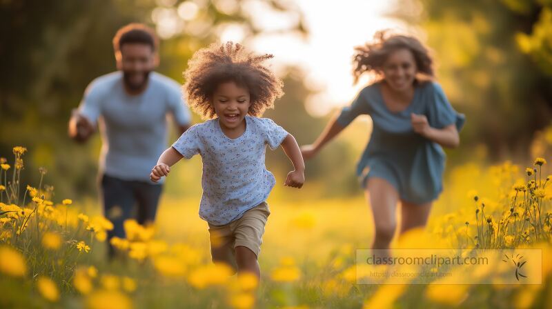 A couple and their child delight in a cheerful run through a vibrant field filled with yellow flowers during a warm afternoon enjoying quality time together outdoors