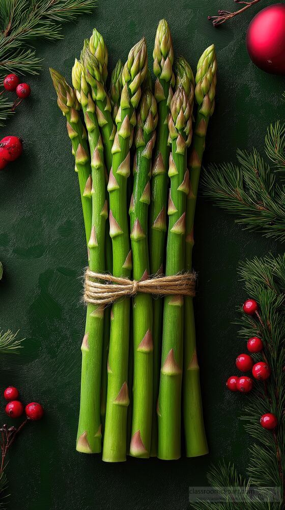 A charming bunch of asparagus is beautifully tied with twine surrounded by vibrant holiday decorations. This festive arrangement radiates warmth and joy perfect for seasonal gatherings.