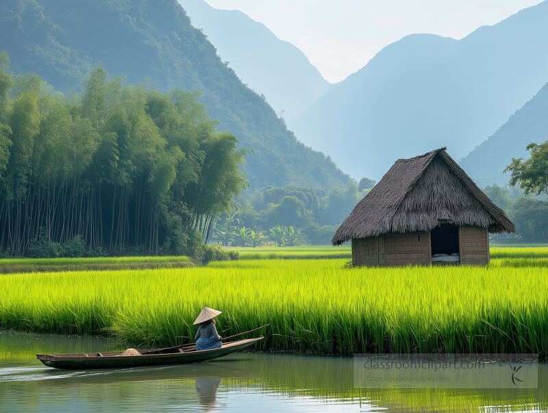 In a picturesque landscape, an old thatched hut sits beside a shimmering river, framed by vibrant green rice fields and distant mountains, while a fisherman paddles calmly in his boat.