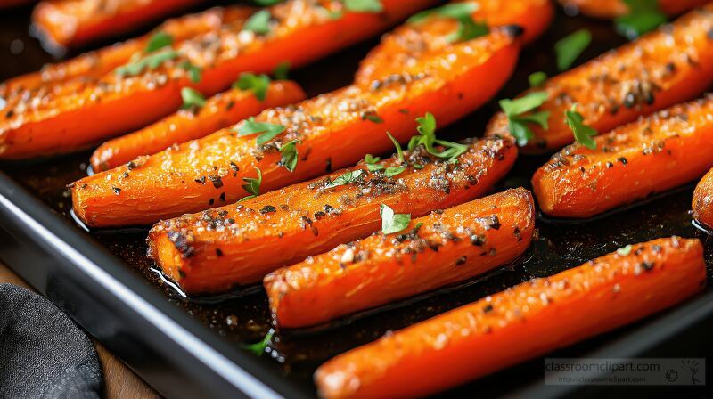 A vibrant array of roasted carrots seasoned with Tuscan spices fills a black roasting pan. Fresh garnish adds a touch of color inviting a satisfying culinary experience.