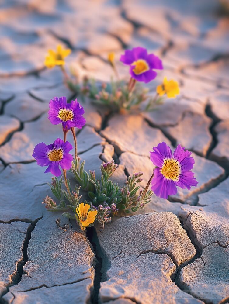 In a display of resilience, vivid purple and yellow flowers emerge from the dry, cracked earth during the warm glow of golden hour, showcasing nature