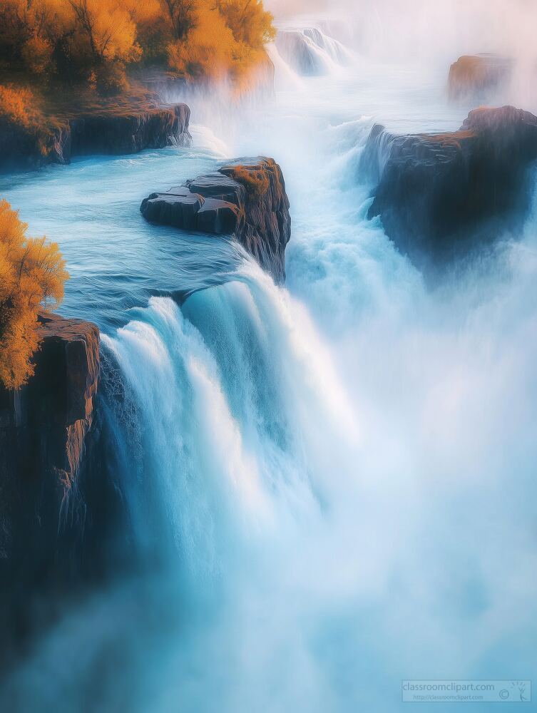 Majestic waterfalls cascade over rocky cliffs, surrounded by vibrant foliage. Sunlight filters through the mist, creating a tranquil and enchanting landscape.