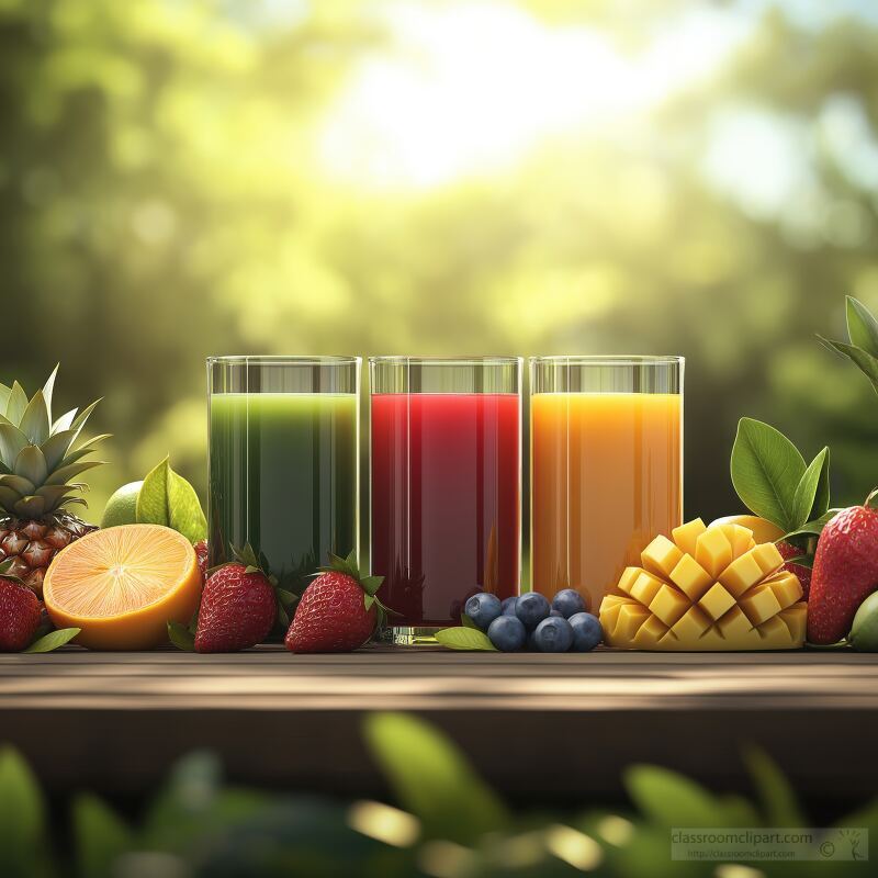 Four Refreshing Fruit Juices in Vibrant Glasses Outdoors