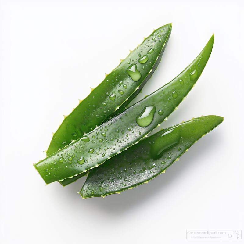 Vibrant green aloe vera leaves rest on a pure white surface glistening with clear water droplets. The scene captures the freshness and moisture of the plant highlighting its natural beauty.