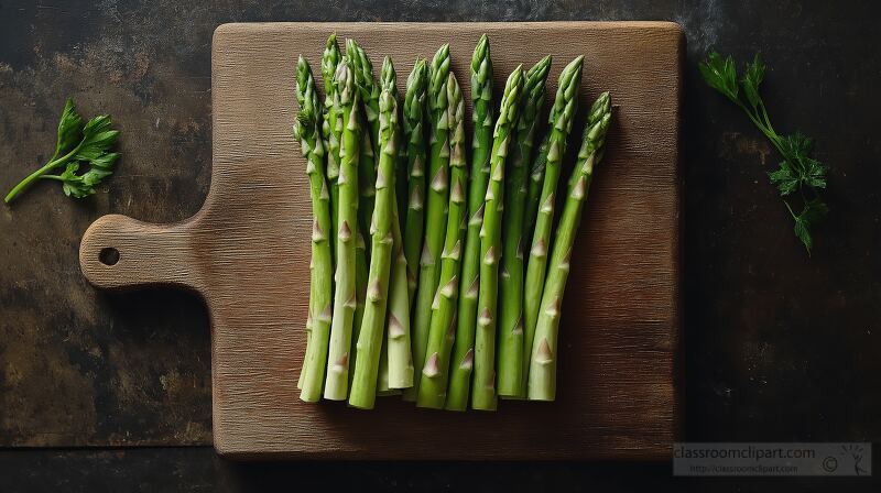 Vibrant green asparagus spears are neatly laid out on a weathered wooden cutting board showcasing their freshness and natural beauty. Surrounding herbs add a touch of color and flavor.